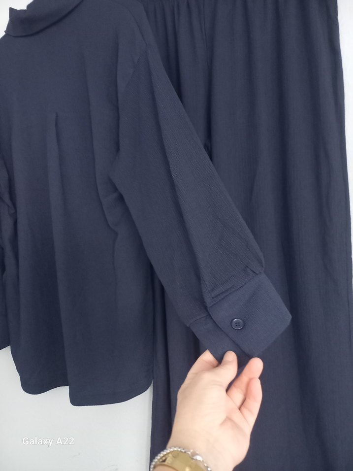 Lacivert Kadın Uzun Kollu Keten Gömlek - Görsel 4