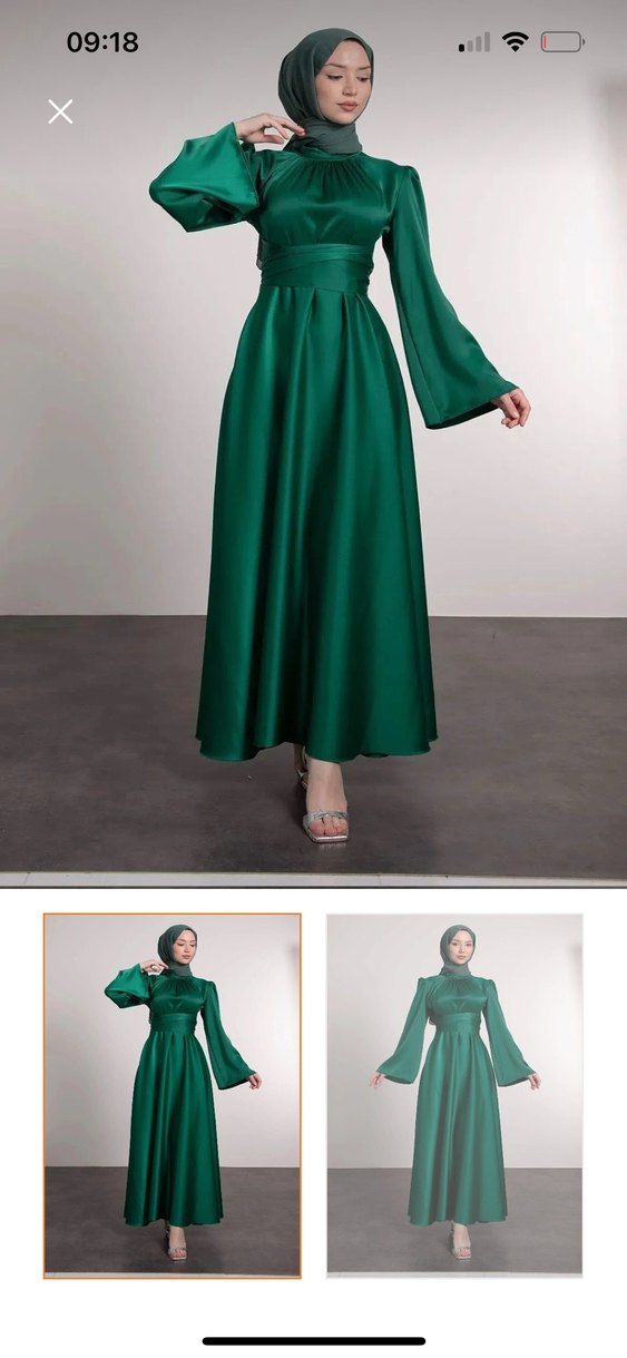 Yeşil kuşaklı elbise , eşarplı - Görsel 2