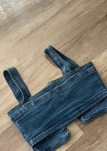 Mavi Mini Düğmeli Straplez Denim Crop - Görsel 4