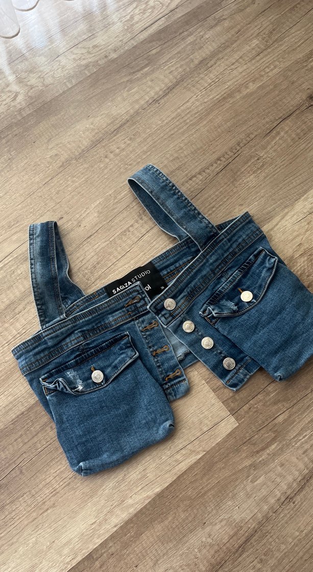 Mavi Mini Düğmeli Straplez Denim Crop - Görsel 3