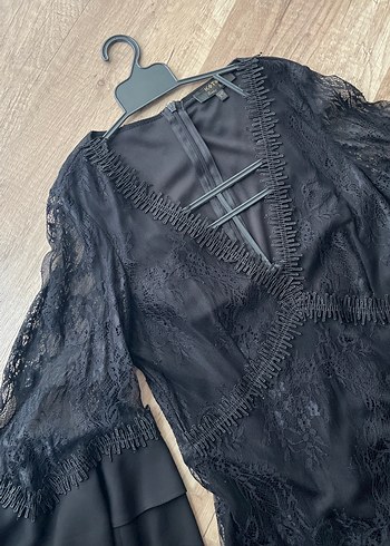 V Yaka Siyah Dantel Uzun Kollu Uzun Elbise - Görsel 4