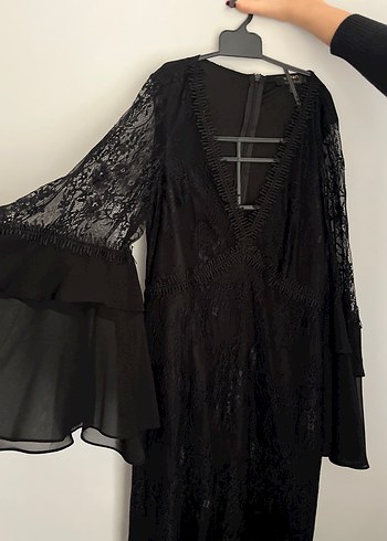V Yaka Siyah Dantel Uzun Kollu Uzun Elbise - Görsel 2