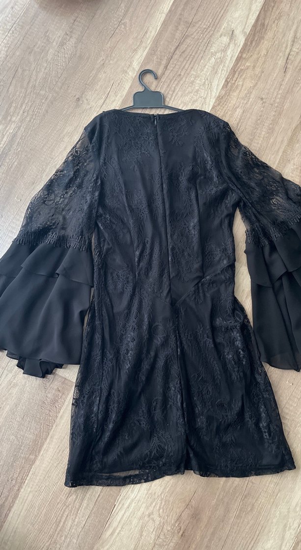 V Yaka Siyah Dantel Uzun Kollu Uzun Elbise - Görsel 5