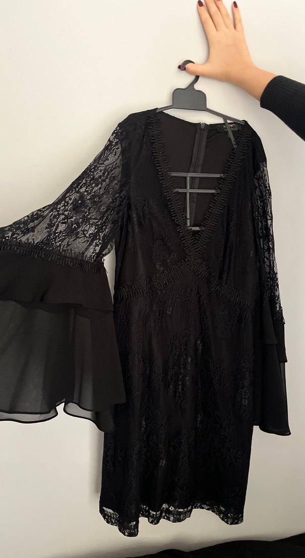 V Yaka Siyah Dantel Uzun Kollu Uzun Elbise - Görsel 2