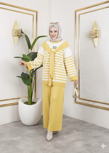 Sarı Çizgili Triko Kadın Takım - Görsel 2