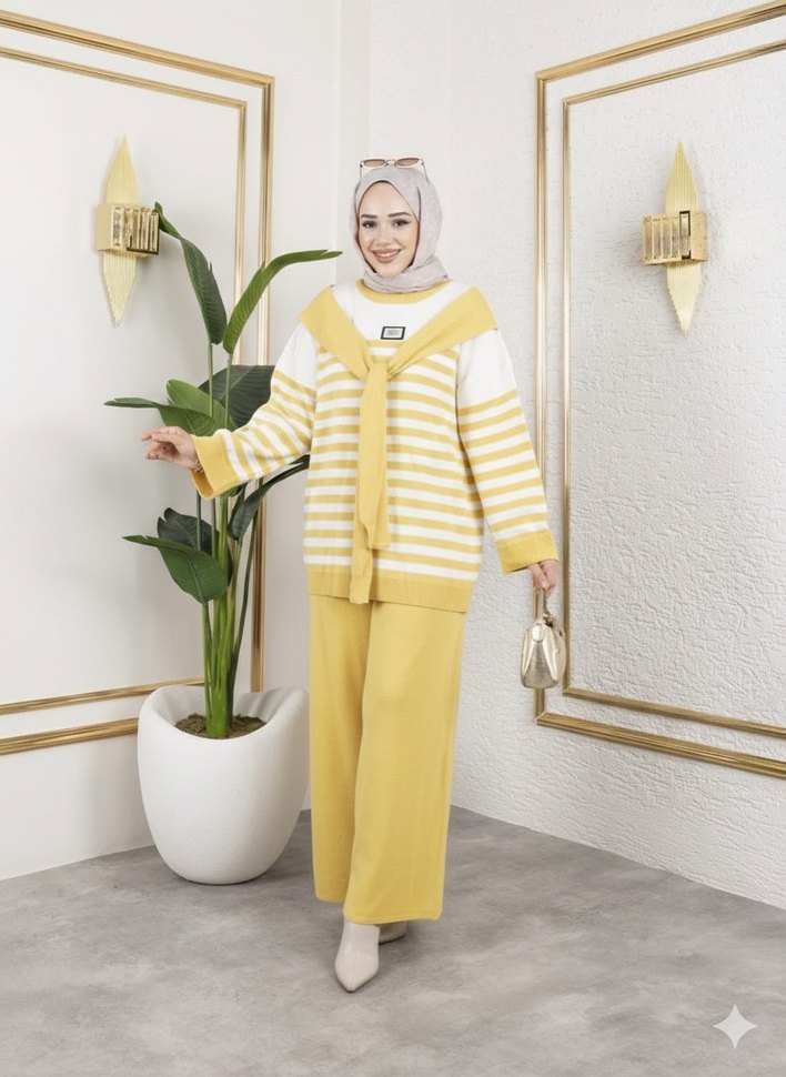 Sarı Çizgili Triko Kadın Takım - Görsel 2