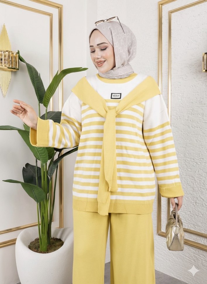 Sarı Çizgili Triko Kadın Takım - Görsel 3