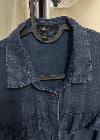 Kadın Lacivert Keten Fırfırlı Gömlek - Görsel 2