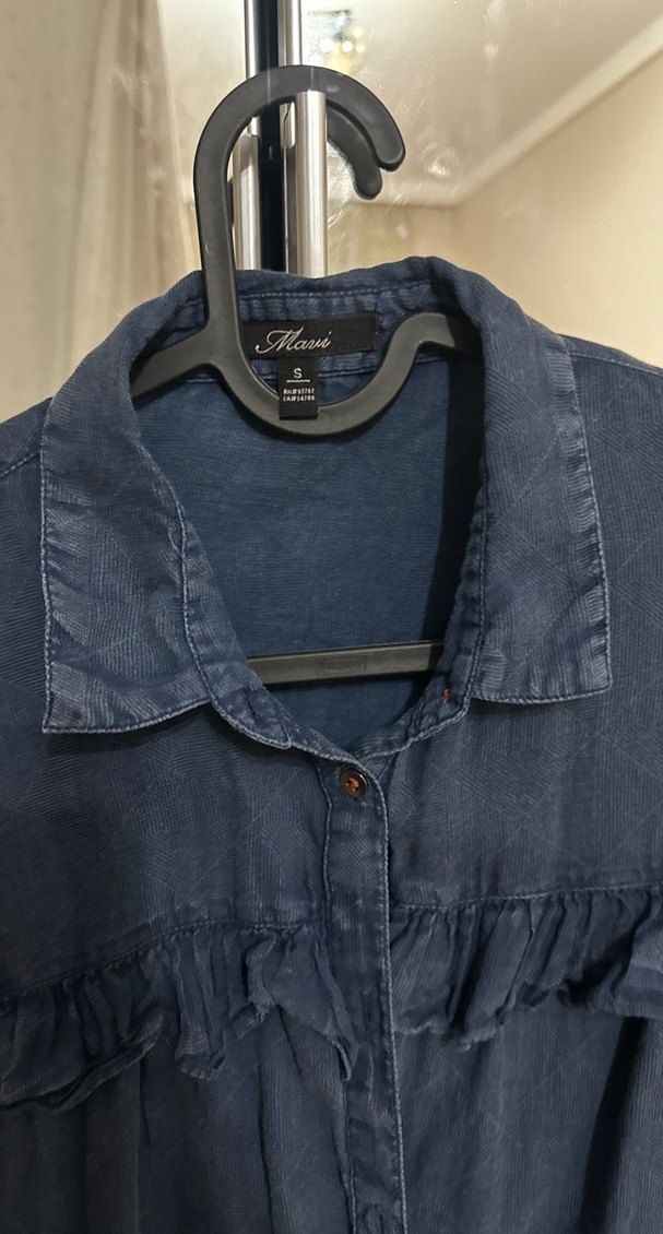 Kadın Lacivert Keten Fırfırlı Gömlek - Görsel 2