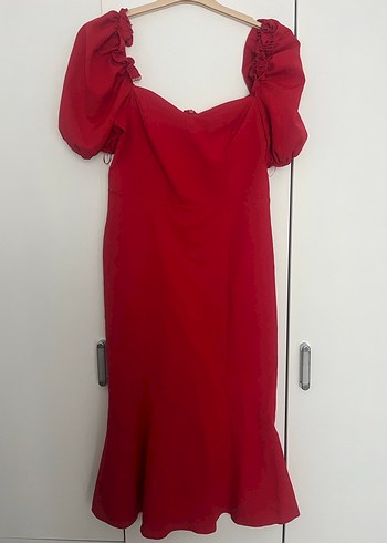 Kırmızı V Yaka Midi Elbise - Görsel 7