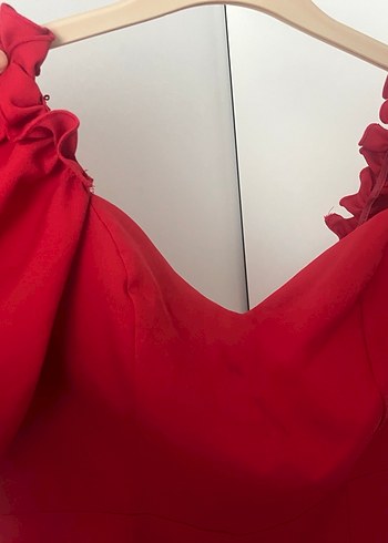 Kırmızı V Yaka Midi Elbise - Görsel 3