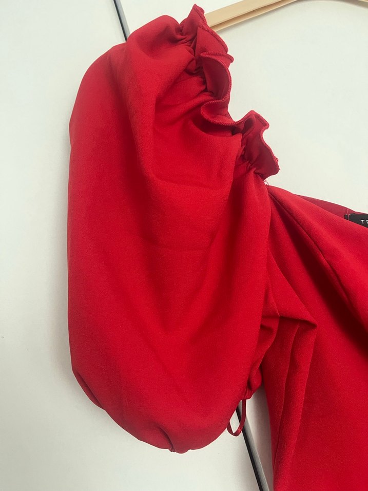 Kırmızı V Yaka Midi Elbise - Görsel 5