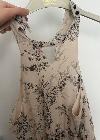 Bej Desenli Uzun Drapeli Askılı Elbise - Görsel 2