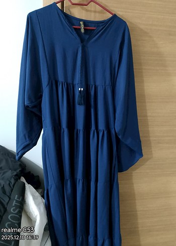 Kadın Mavi Uzun V Yaka Püsküllü Elbise - Görsel 3