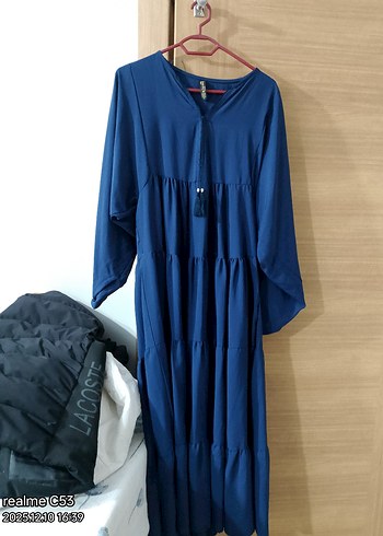 Kadın Mavi Uzun V Yaka Püsküllü Elbise - Görsel 2