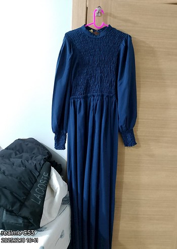 Lacivert Pilili Midi Keten Elbise - Görsel 2