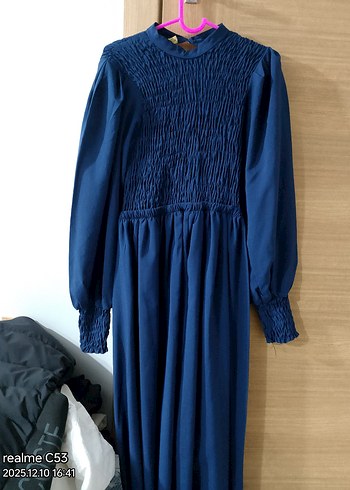 Lacivert Pilili Midi Keten Elbise - Görsel 3