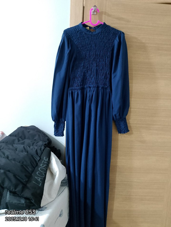 Lacivert Pilili Midi Keten Elbise - Görsel 2