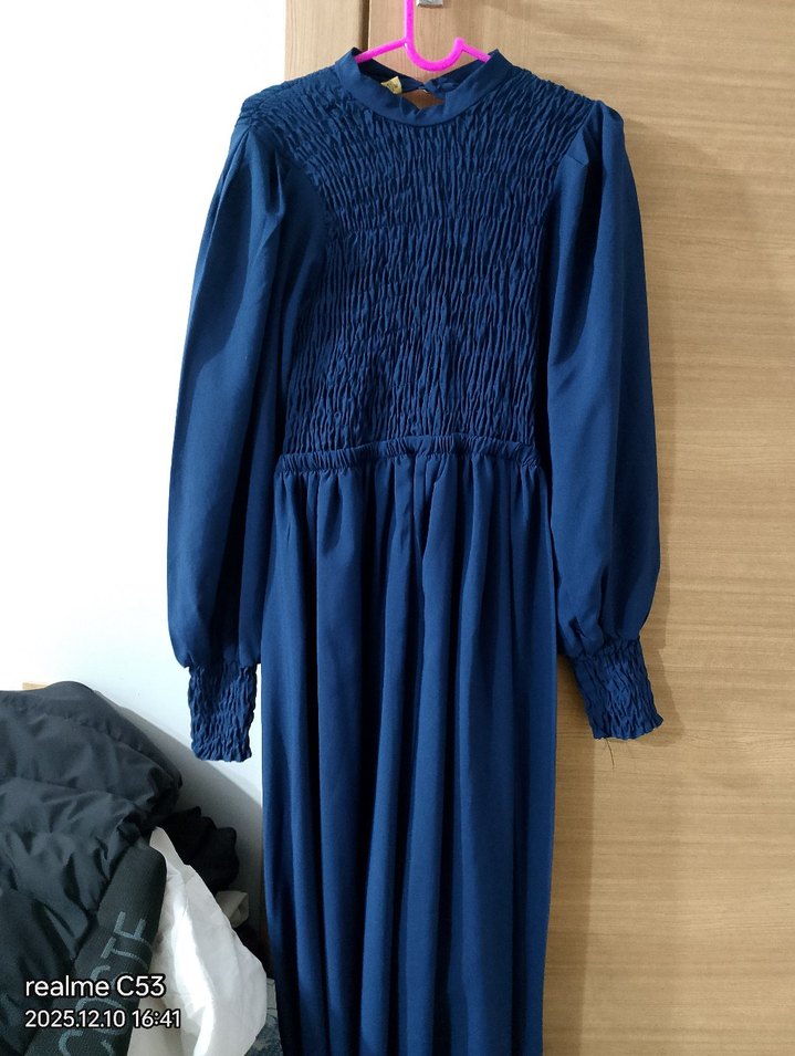 Lacivert Pilili Midi Keten Elbise - Görsel 3