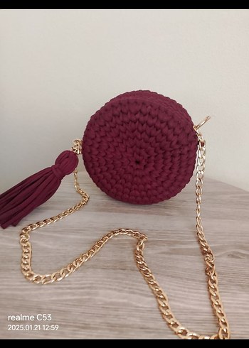 Bordo Örgü Kadın Çanta Püsküllü - Görsel 3