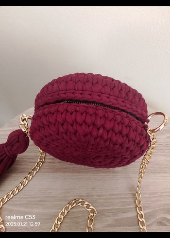 Bordo Örgü Kadın Çanta Püsküllü - Görsel 2