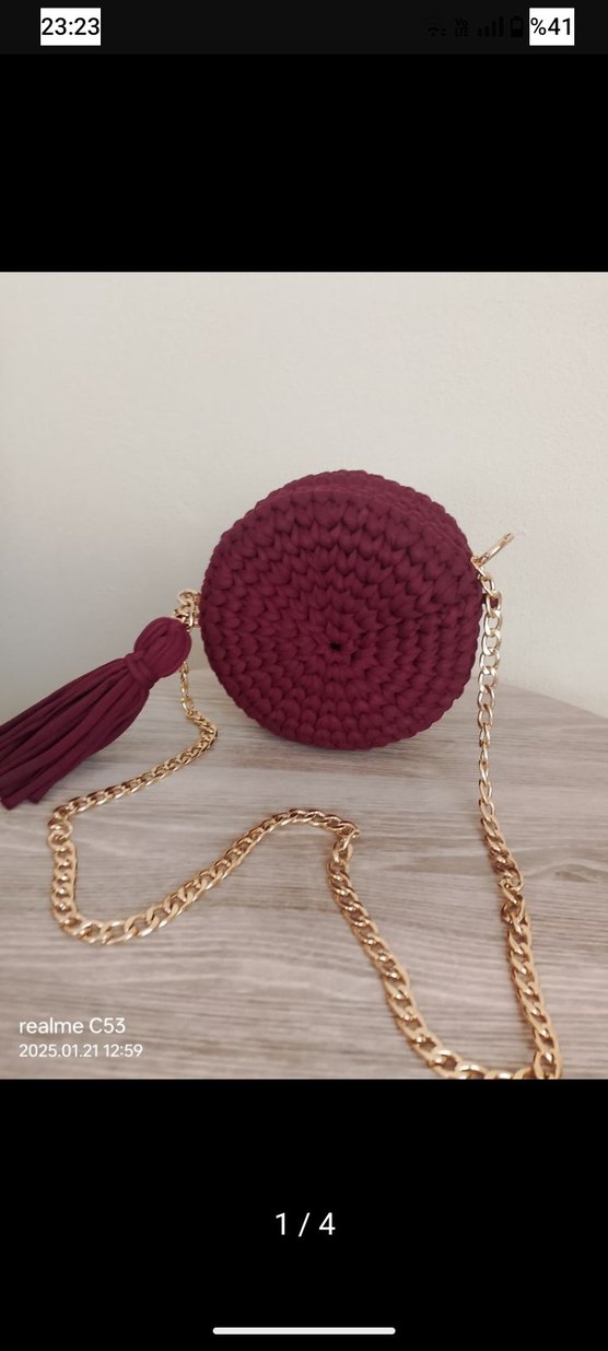 Bordo Örgü Kadın Çanta Püsküllü - Görsel 3