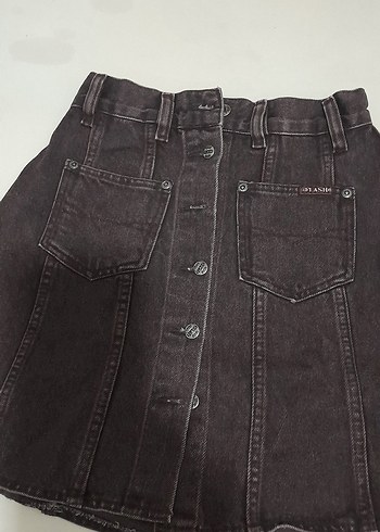 Düğmeli Kahverengi Denim Midi Etek