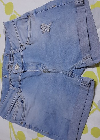 36 Beden mavi Renk Düğmeli Bağlama Desenli Mini Kot Şort