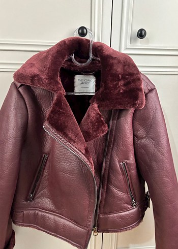 Bordo Kürklü Deri Biker Ceket
