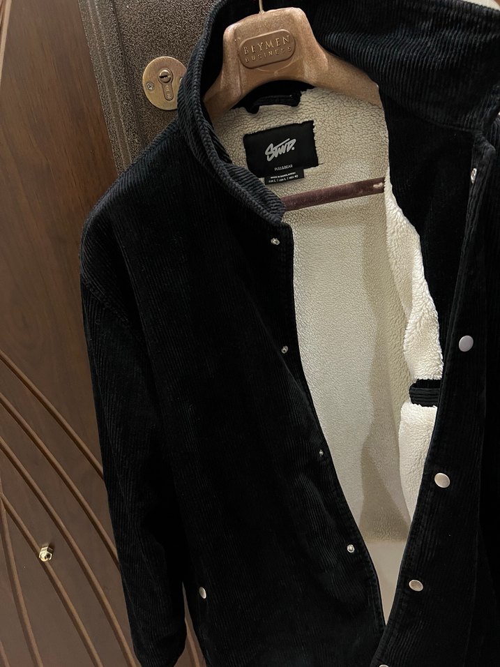 Pull&Bear Markalı Siyah Kadife İçin Yünlü  Erkek Ceket-Mont - Görsel 5