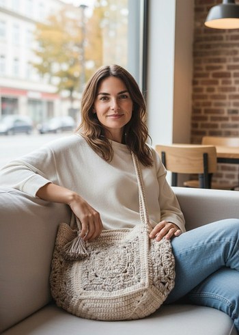 Bej Örgü Kadın Çanta Dantel Detaylı - Görsel 2