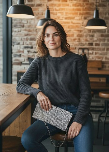 Gri Deri Orgü Detaylı Kadın Çanta - Görsel 3