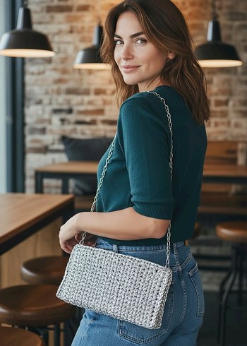 Gri Deri Orgü Detaylı Kadın Çanta - Görsel 2