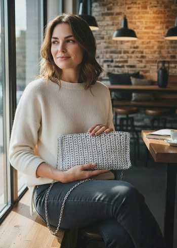 Gri Deri Orgü Detaylı Kadın Çanta - Görsel 4