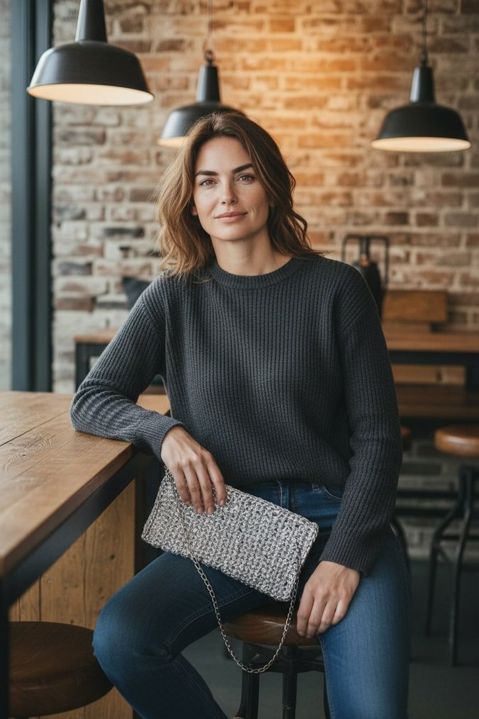 Gri Deri Orgü Detaylı Kadın Çanta - Görsel 3