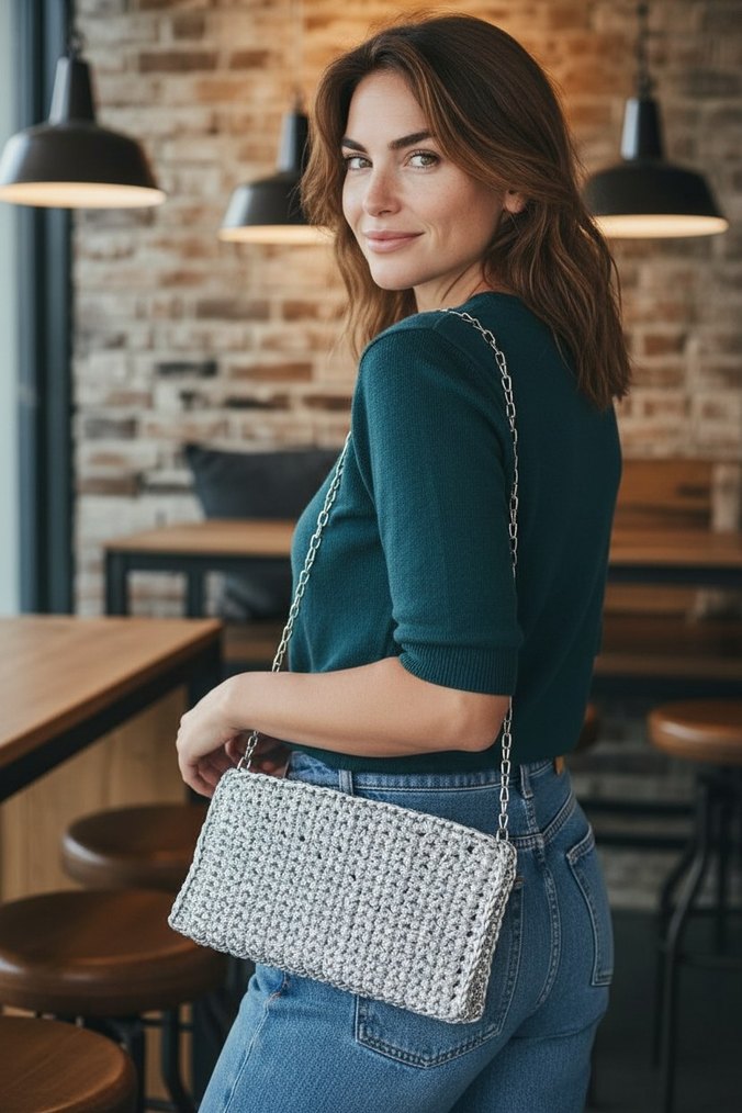 Gri Deri Orgü Detaylı Kadın Çanta - Görsel 2