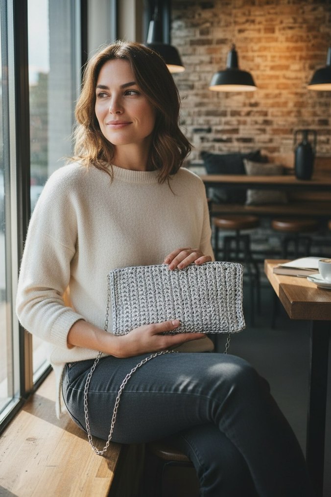 Gri Deri Orgü Detaylı Kadın Çanta - Görsel 4