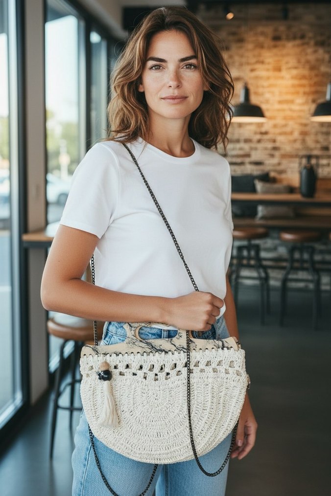 Dantel Detaylı Beyaz Örgü Bohem Çanta - Görsel 3