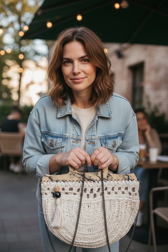 Dantel Detaylı Beyaz Örgü Bohem Çanta - Görsel 2