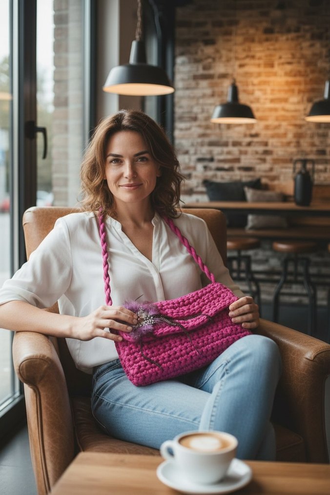 Pembe Örgü Kadın Çanta - Görsel 4