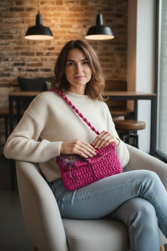 Pembe Örgü Kadın Çanta - Görsel 3