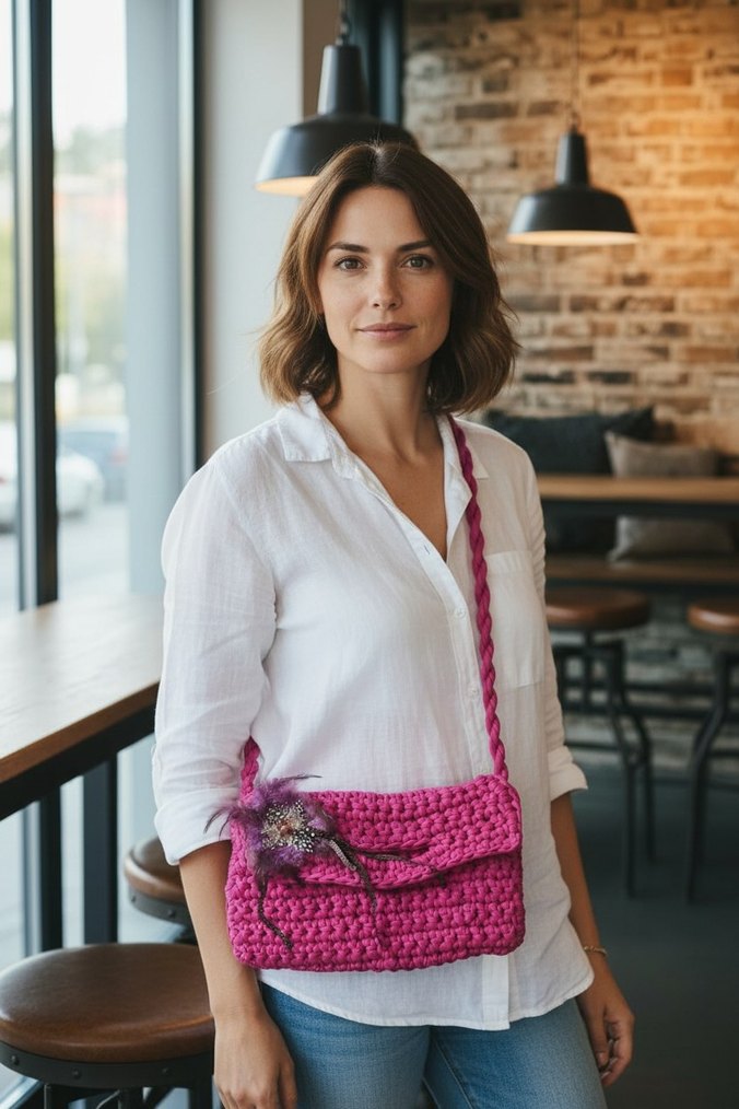 Pembe Örgü Kadın Çanta - Görsel 2