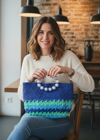 Mavi Boncuklu  Rafya Örgü Kadın Çanta - Görsel 3