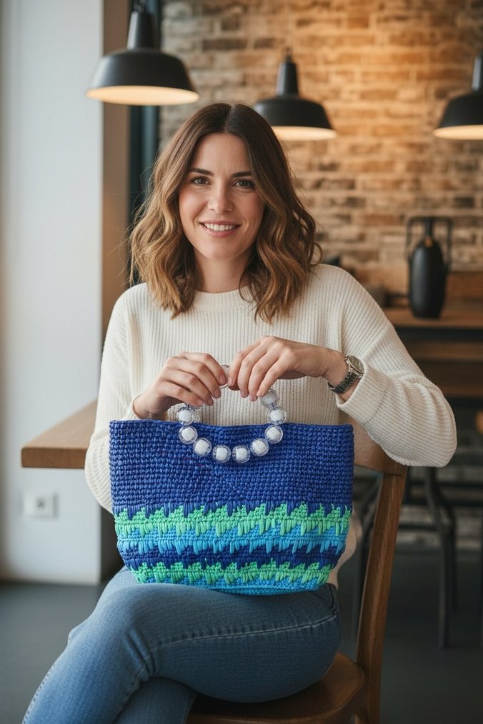 Mavi Boncuklu  Rafya Örgü Kadın Çanta - Görsel 3