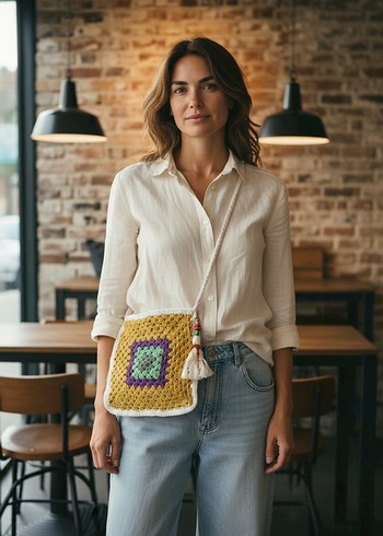 Kırmızı Batik Desenli Örgü Bohem Çanta - Görsel 3