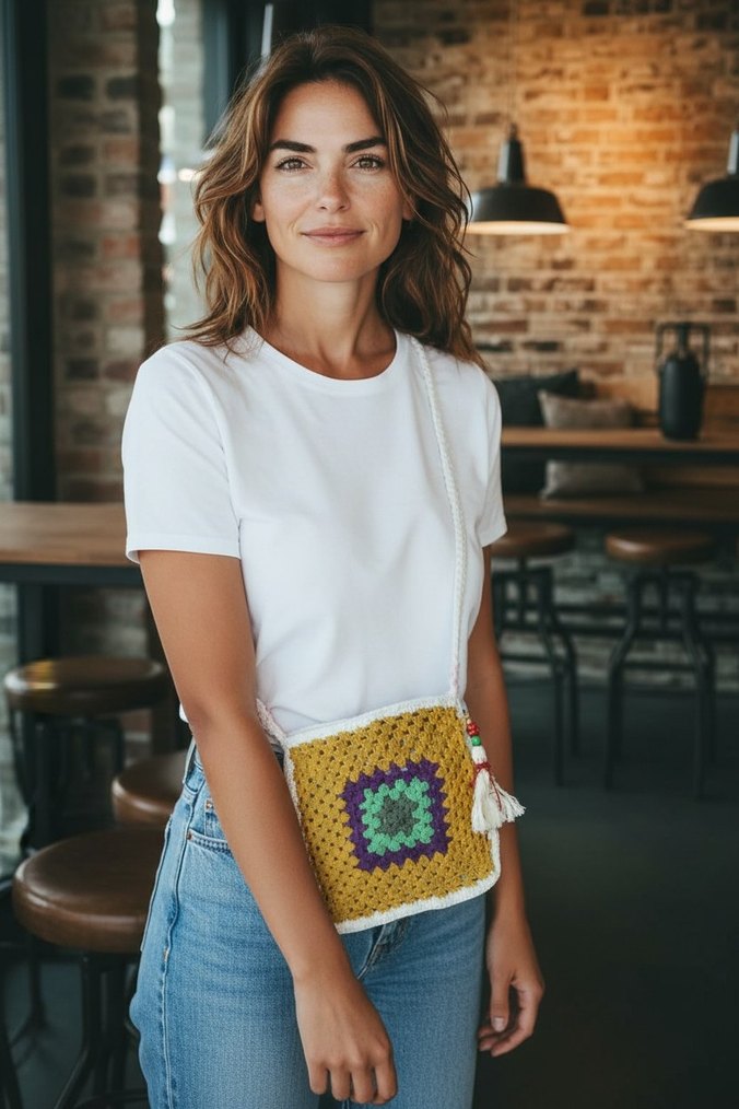 Kırmızı Batik Desenli Örgü Bohem Çanta - Görsel 2