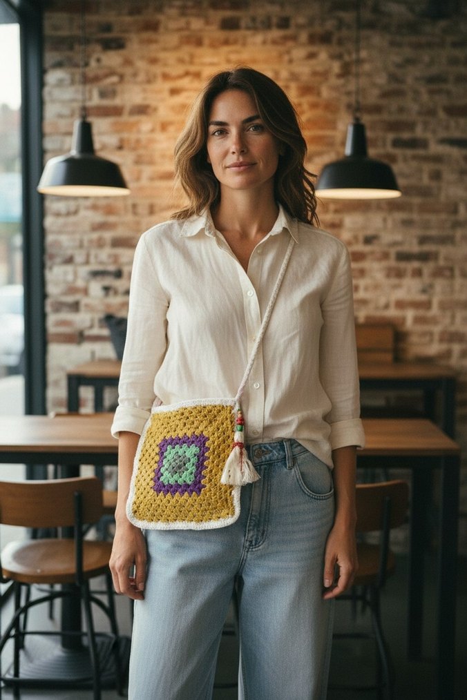 Kırmızı Batik Desenli Örgü Bohem Çanta - Görsel 3