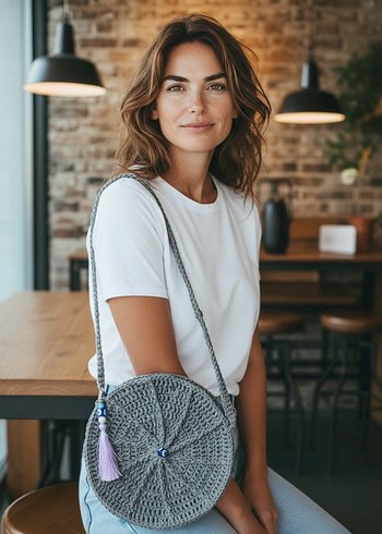 Gri Hasır Örgü Kadın Çanta Püsküllü - Görsel 4