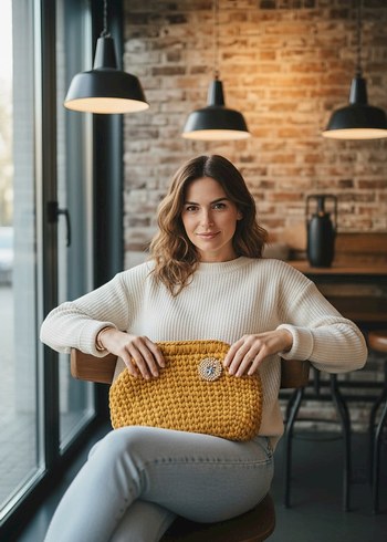 Sarı Kumas Örgü Bohem Kadın Çanta - Görsel 4