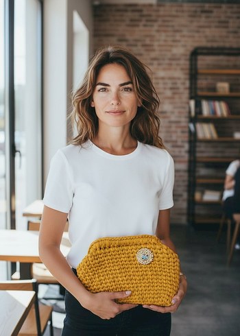 Sarı Kumas Örgü Bohem Kadın Çanta - Görsel 2